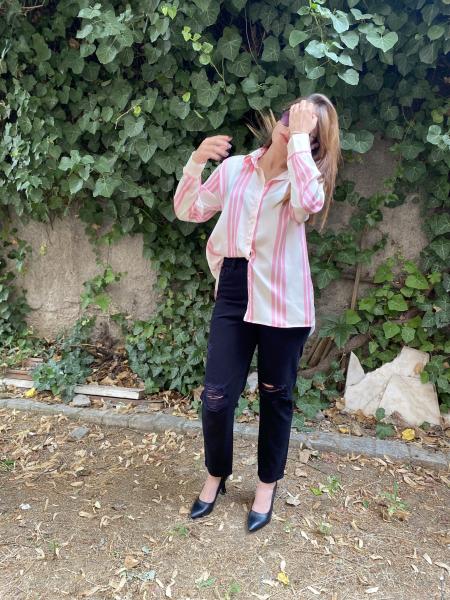 Oversize Pembe & Krem Çizgili Saten Gömlek