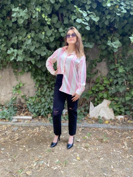 Oversize Pembe & Krem Çizgili Saten Gömlek