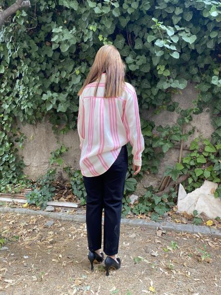Oversize Pembe & Krem Çizgili Saten Gömlek