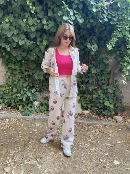 Oversize Çicek Desenli Gömlek Beli Lastikli Keten Takım