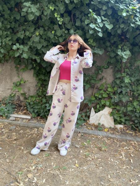 Oversize Çicek Desenli Gömlek Beli Lastikli Keten Takım