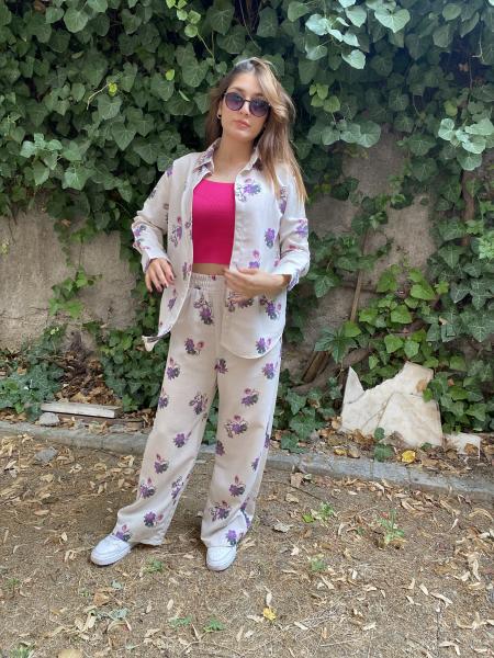 Oversize Çicek Desenli Gömlek Beli Lastikli Keten Takım
