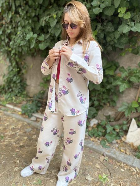 Oversize Çicek Desenli Gömlek Beli Lastikli Keten Takım