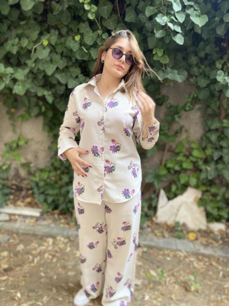 Oversize Çicek Desenli Gömlek Beli Lastikli Keten Takım