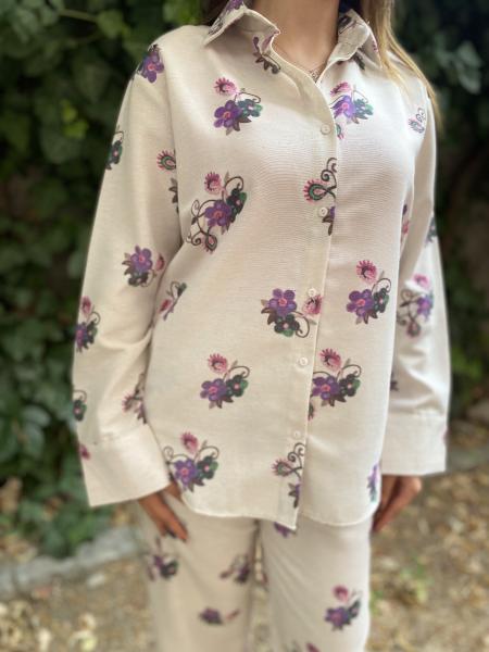 Oversize Çicek Desenli Gömlek Beli Lastikli Keten Takım