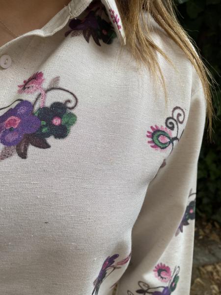 Oversize Çicek Desenli Gömlek Beli Lastikli Keten Takım
