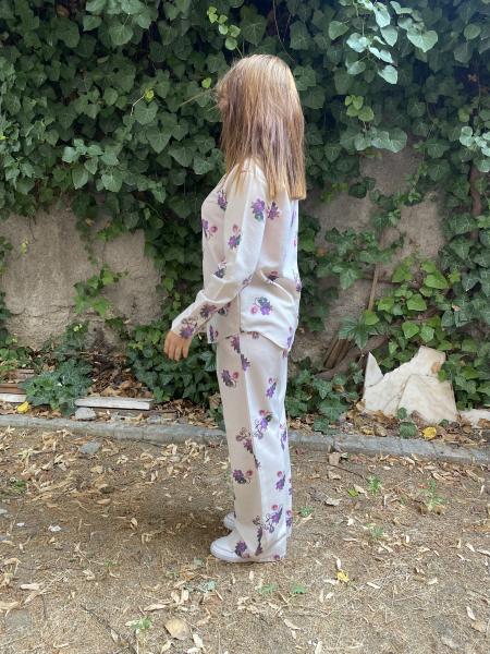 Oversize Çicek Desenli Gömlek Beli Lastikli Keten Takım