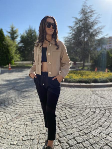 Sütlü Kahve Renkli Keten Cepli Ceket