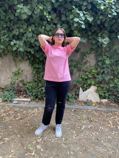 Şeker Pembe Kabartmalı Oversize Tshirt