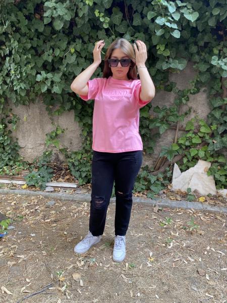 Şeker Pembe Kabartmalı Oversize Tshirt