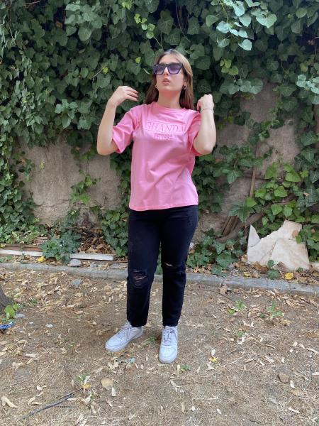 Şeker Pembe Kabartmalı Oversize Tshirt