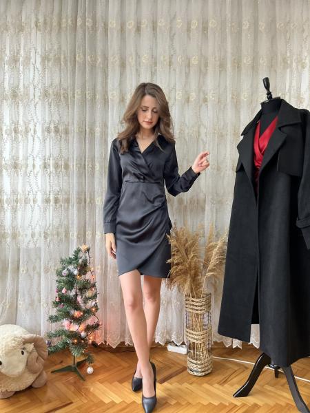 Siyah Mat Saten Mini Elbise