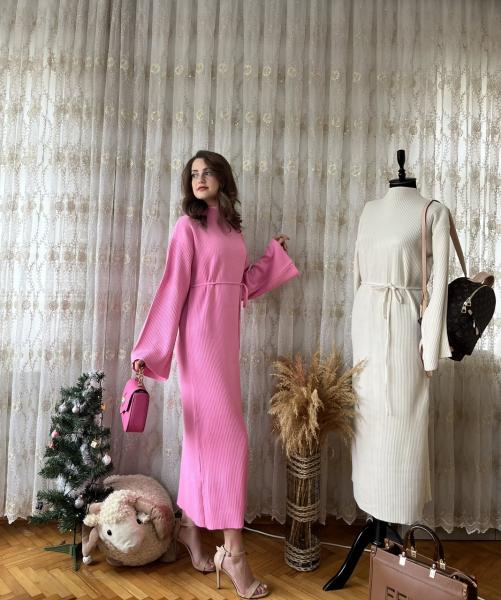 Pembe Basic Fitilli Triko Elbise