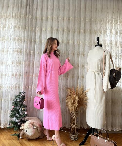 Pembe Basic Fitilli Triko Elbise