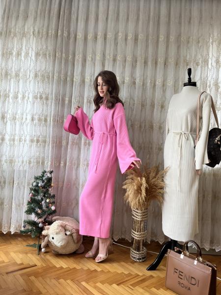 Pembe Basic Fitilli Triko Elbise