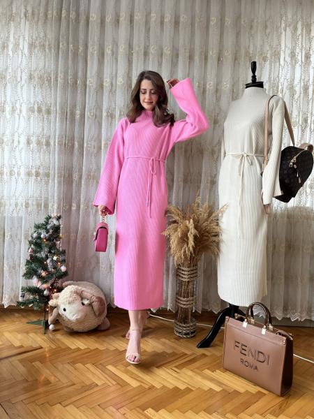 Pembe Basic Fitilli Triko Elbise