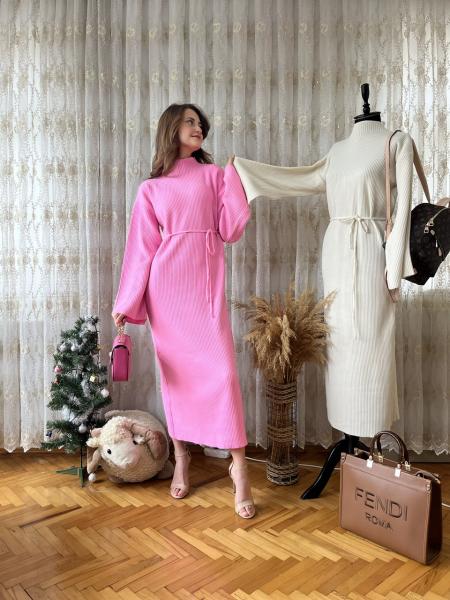 Pembe Basic Fitilli Triko Elbise