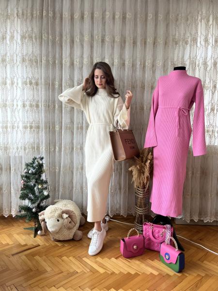 Krem Basic Fitilli Triko Elbise