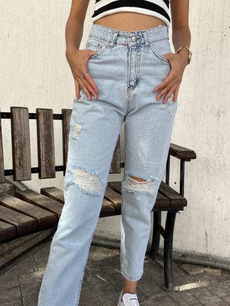 Mom Buz Mavisi Yırtık Jean