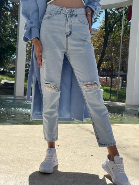 Mom Buz Mavisi Yırtık Jean
