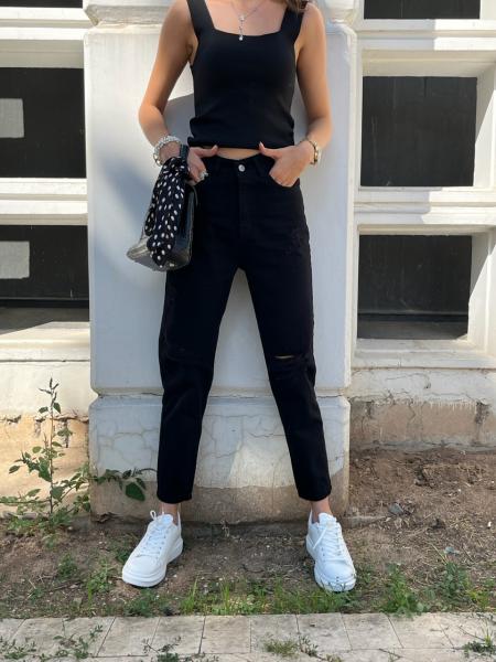 Mom siyah Yırtık Jean