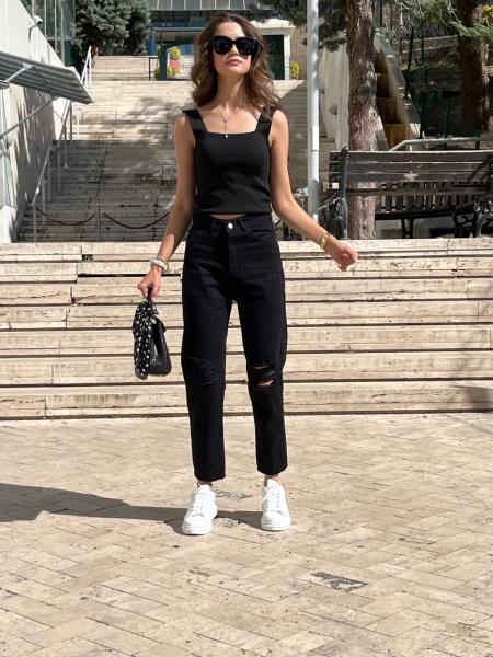 Mom siyah Yırtık Jean