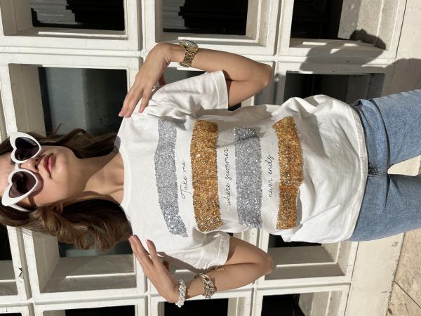 Ekru Pul Detaylı T-shirt
